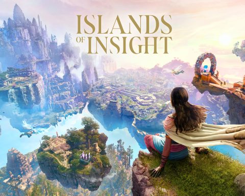 The key art for Islands of Insight. A person with brown hair sits atop a cliff overlooking multiple small floating islands.