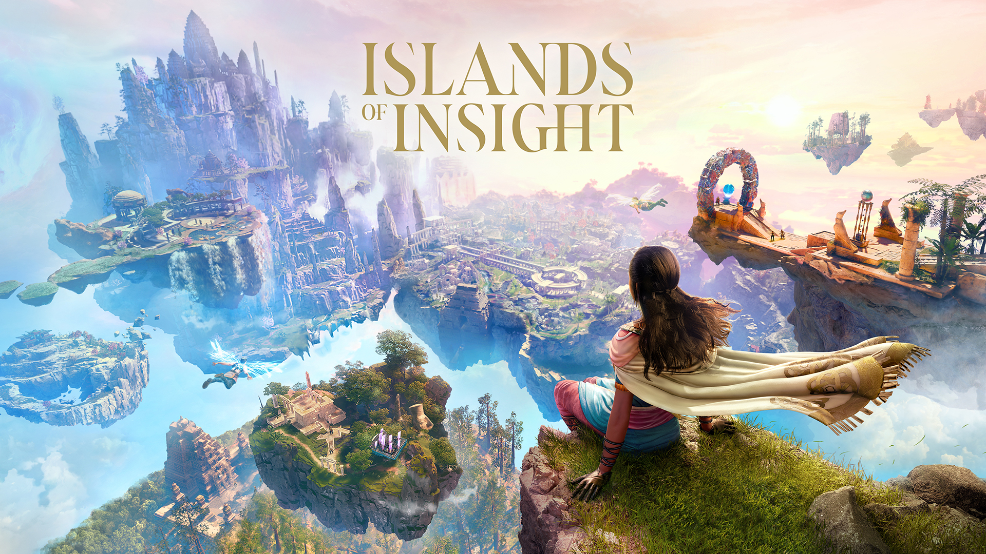 The key art for Islands of Insight. A person with brown hair sits atop a cliff overlooking multiple small floating islands.