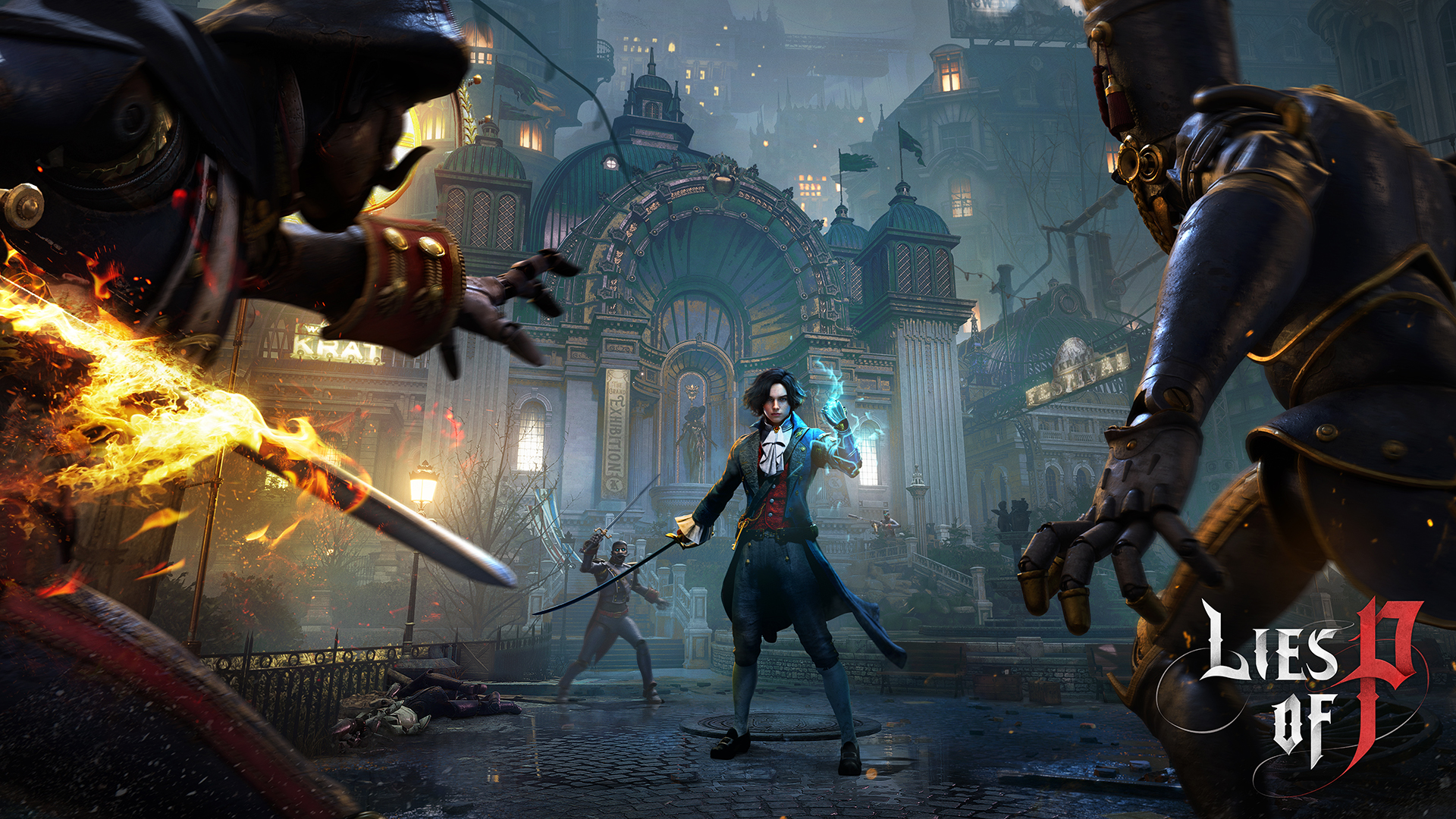 The key art for Lies of P. Pinocchio is standing between three enemies. He's holding a sword with one hand while his other glows blue. He is in front of a very elaborate building, with a sign nearby for a festival.