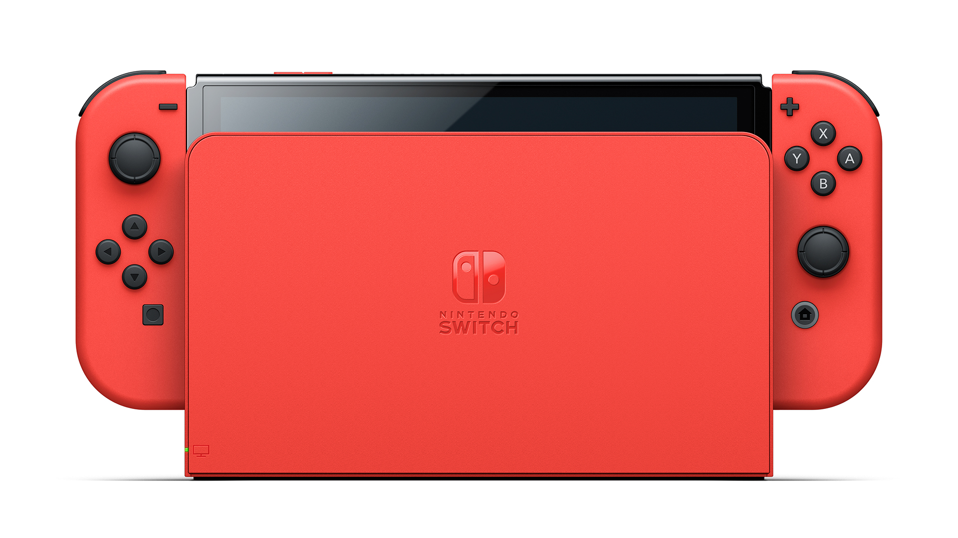 A photo of a (docked) Mario-themed Nintendo Switch from the front.