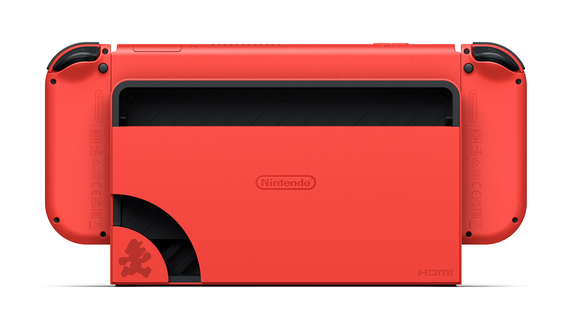 A photo of a (docked) Mario-themed Nintendo Switch from the rear.