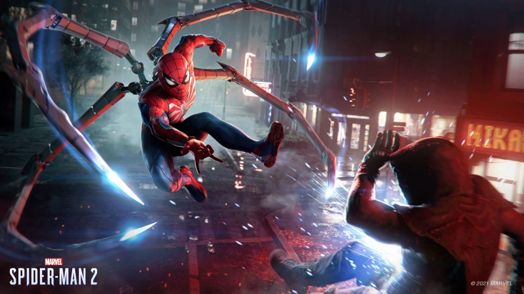 A screenshot from Marvel's Spider-Man 2. Peter Parker is wearing a Spider-Suit, thwipping an enemy mid-air.