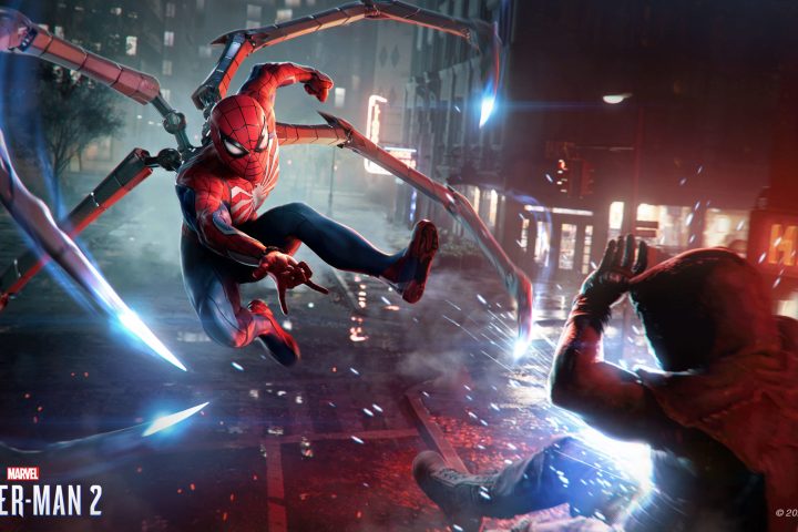 A screenshot from Marvel's Spider-Man 2. Peter Parker is wearing a Spider-Suit, thwipping an enemy mid-air.