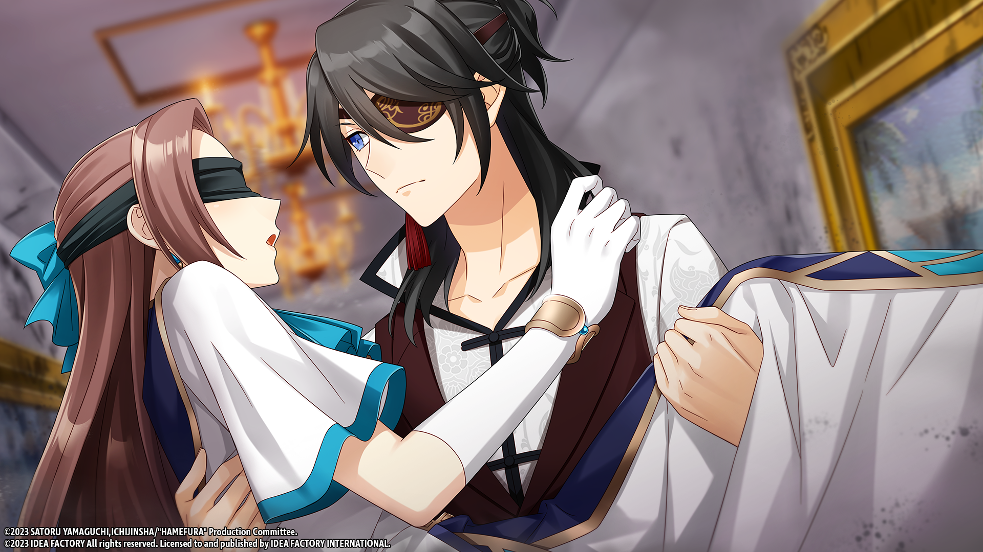 A screenshot from My Life as a Villainess: All Routes Lead to Doom! -Pirates of the Disturbance-. A man with long black hair and an eye patch holds onto a girl with long brown hair and a blindfold.