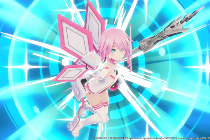 A screenshot from Neptune: Sister VS Sister. A girl with short pink hair is wearing a white and pink leotard, and has white and pink mechanical wings.