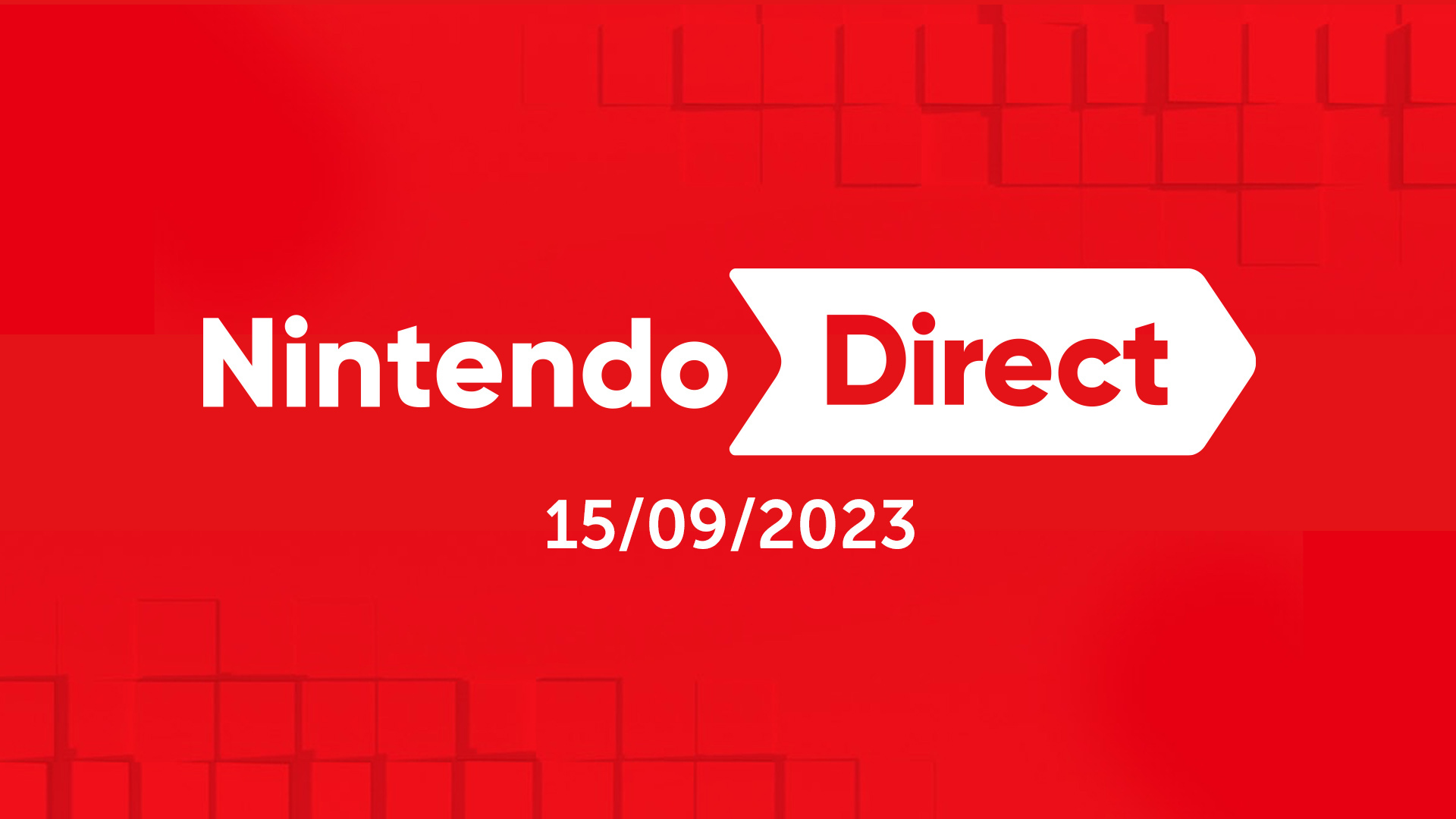 A graphic with a red background and white font, promoting the Nintendo Direct on 15/09/2023.
