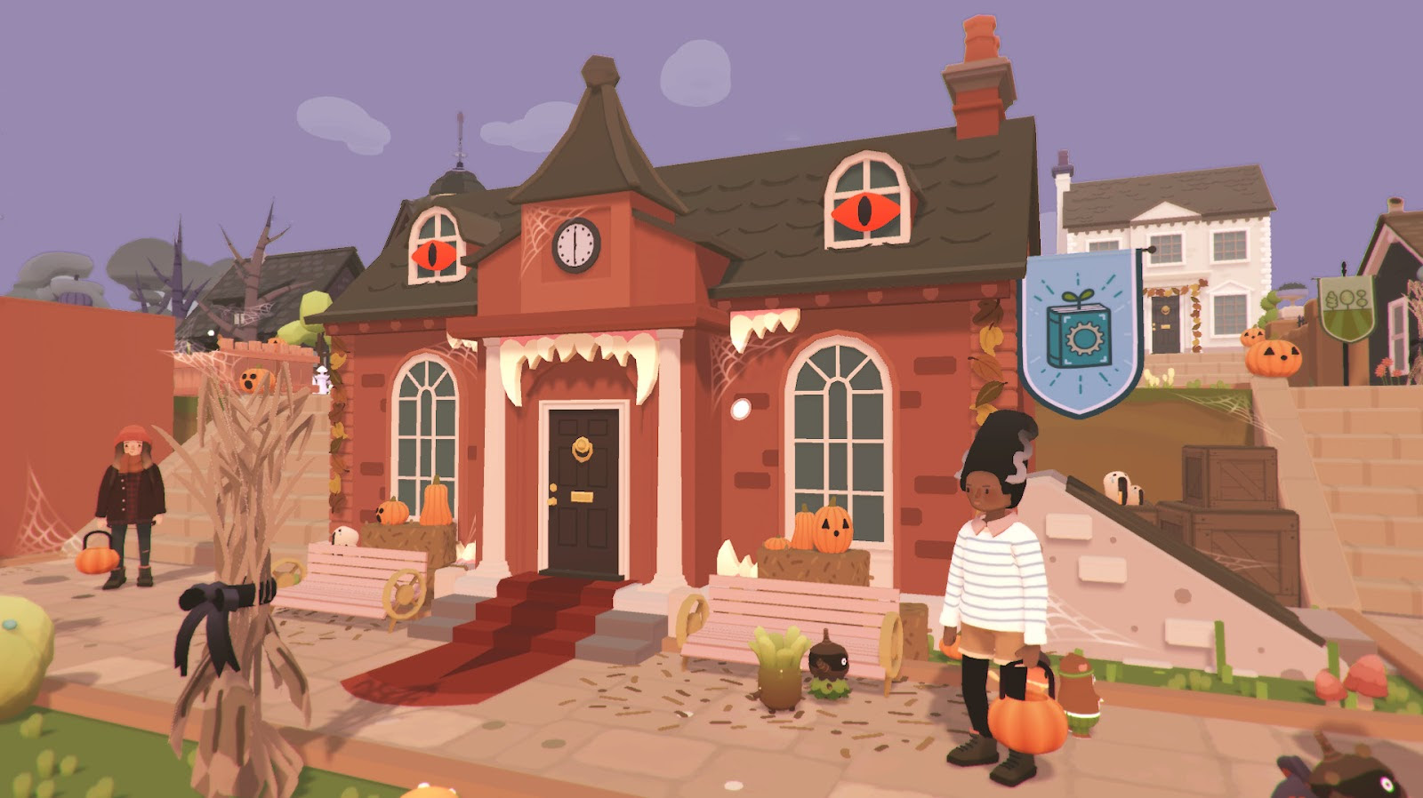 A screenshot from Ooblets' Halloween event. The town hall is adorned with spooky decorations, and two townsfolk are in costume.