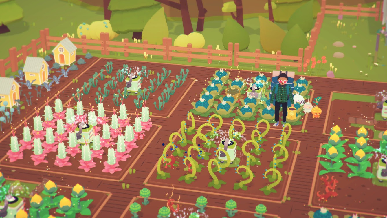 A screenshot of a farm in Ooblets. There are oobcoops to the left, with six or seven different plants growing in plots to the right of them. The character, dressed in green plaid and sunglasses, stands at the centre.