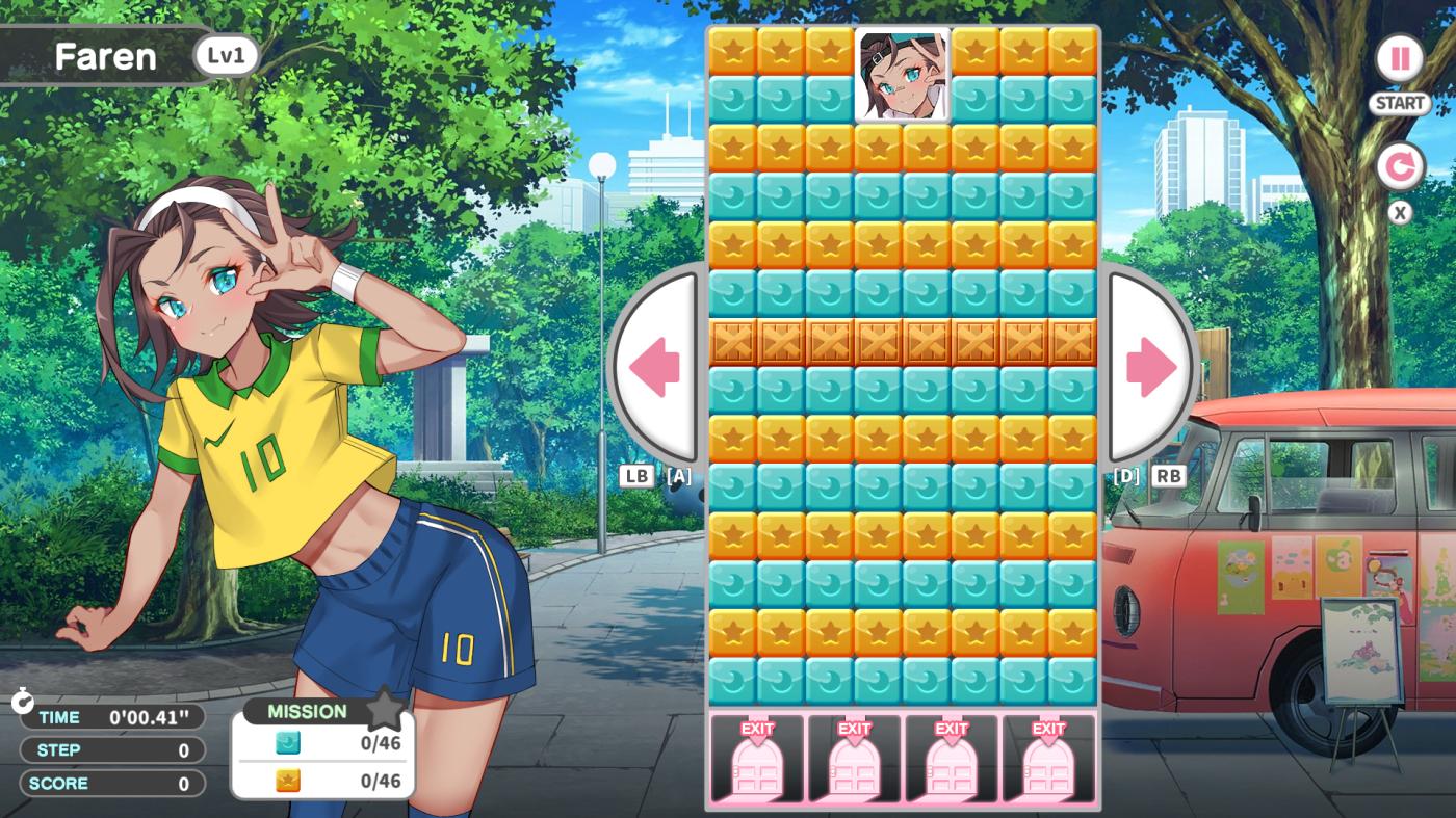 A screenshot from Otoko Cross: Pretty Boys Dropout! Faren, a boy with light brown hair wearing a yellow jersey and blue shorts, stands to the left. On the right is the game screen with lots of little squares of various colours.