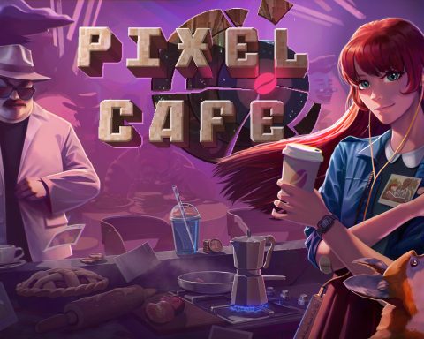 The key art for Pixel Cafe. Pixel is a woman with long red hair; she stands to the right holding a cup of coffee and a slice of bacon that a dog is trying to grab. A restaurant counter is behind her. To the left is a large man with a beige suit and hat.