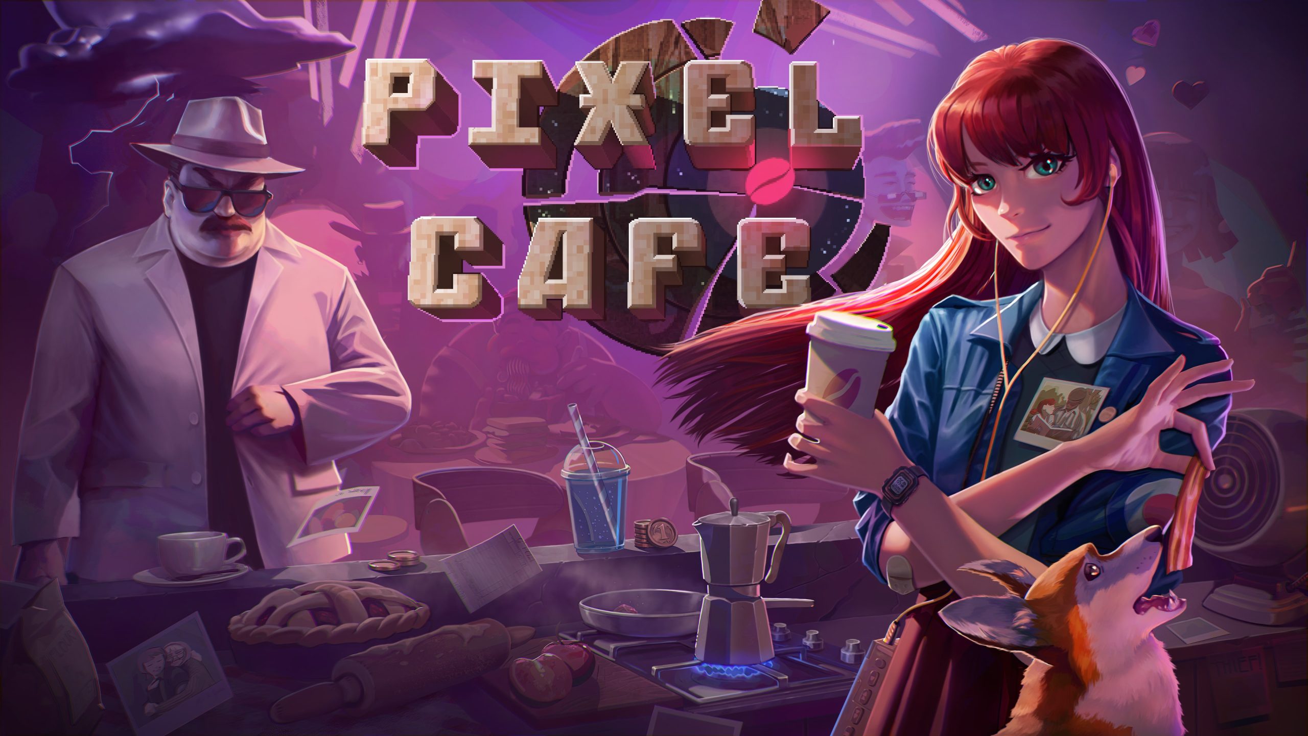 The key art for Pixel Cafe. Pixel is a woman with long red hair; she stands to the right holding a cup of coffee and a slice of bacon that a dog is trying to grab. A restaurant counter is behind her. To the left is a large man with a beige suit and hat.