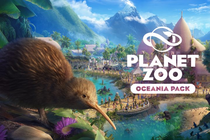 The key art for Planet Zoo's Oceania Pack, featuring a Kiwi bird overlooking a habitat with lots of water and bridges.