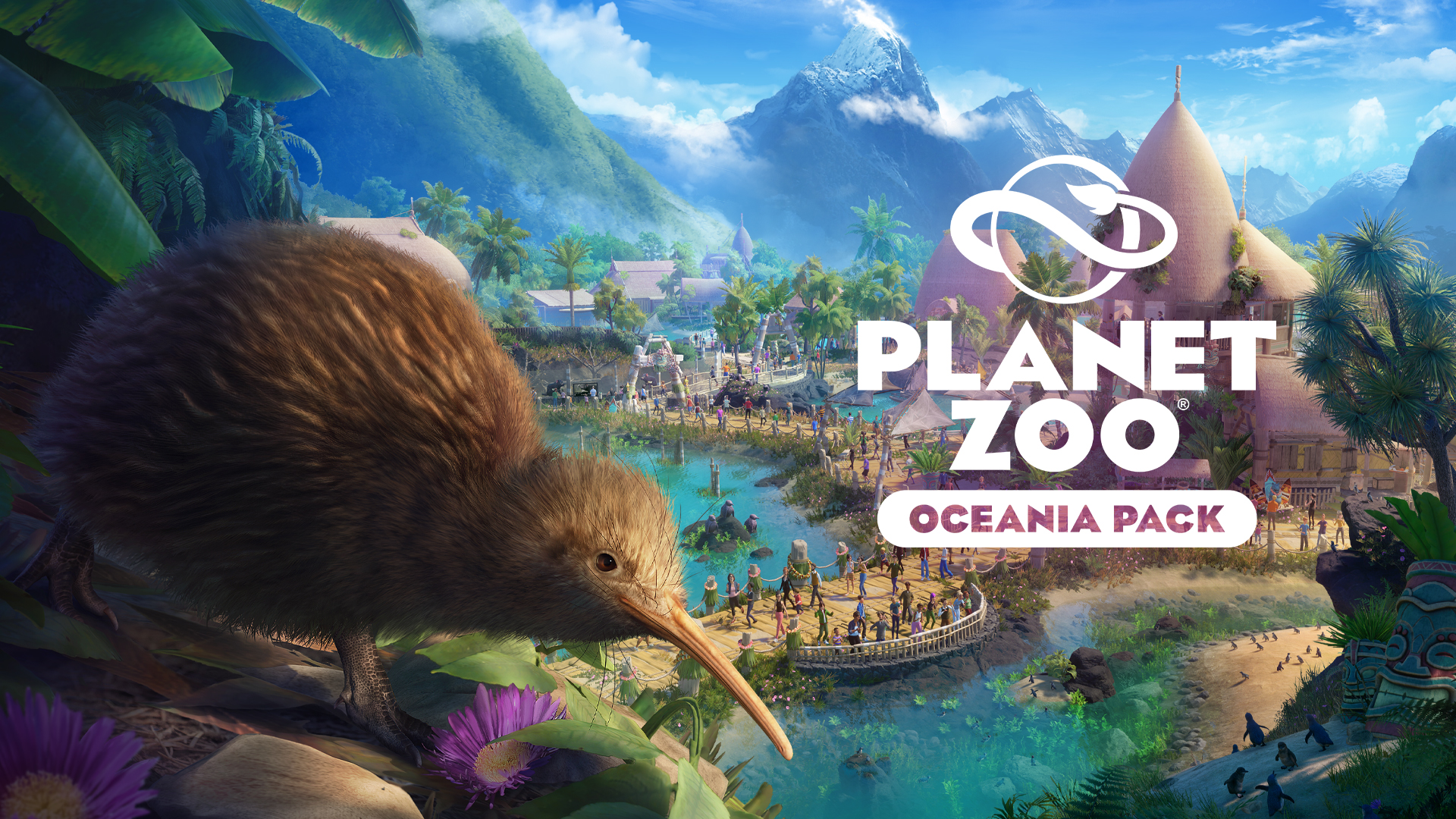 The key art for Planet Zoo's Oceania Pack, featuring a Kiwi bird overlooking a habitat with lots of water and bridges.