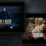Promotional artwork showing key art for Resident Evil Village and Resident Evil 4 on iPads.