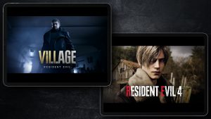 Promotional artwork showing key art for Resident Evil Village and Resident Evil 4 on iPads.