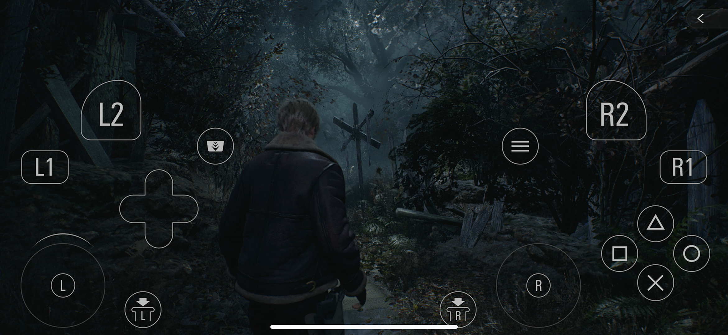 A screenshot from Resident Evil 4 on an iPhone 15 Pro. It shows Leon from behind, and there are on-screen touch controls.