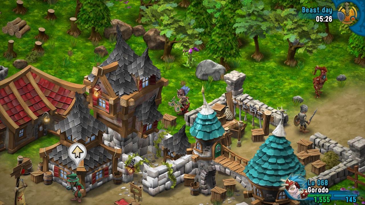 A screenshot from Rainbow Moon on Nintendo Switch showing a little town built mostly of stone.