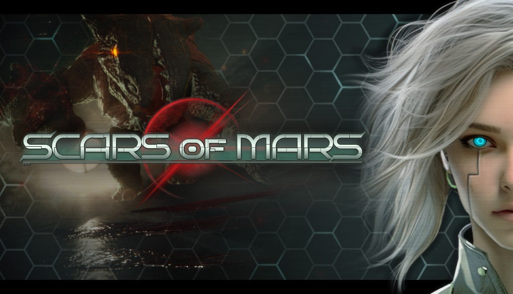 The key art for Scars of Mars. The game's logo is to the left. Half of the protagonist's face is to the right; she has silver hair and glowing blue eyes.