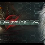 The key art for Scars of Mars. The game's logo is to the left. Half of the protagonist's face is to the right; she has silver hair and glowing blue eyes.