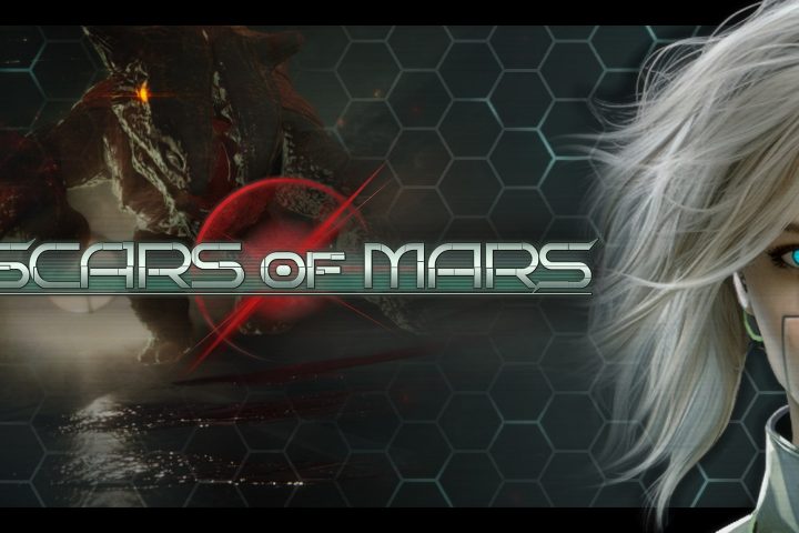 The key art for Scars of Mars. The game's logo is to the left. Half of the protagonist's face is to the right; she has silver hair and glowing blue eyes.