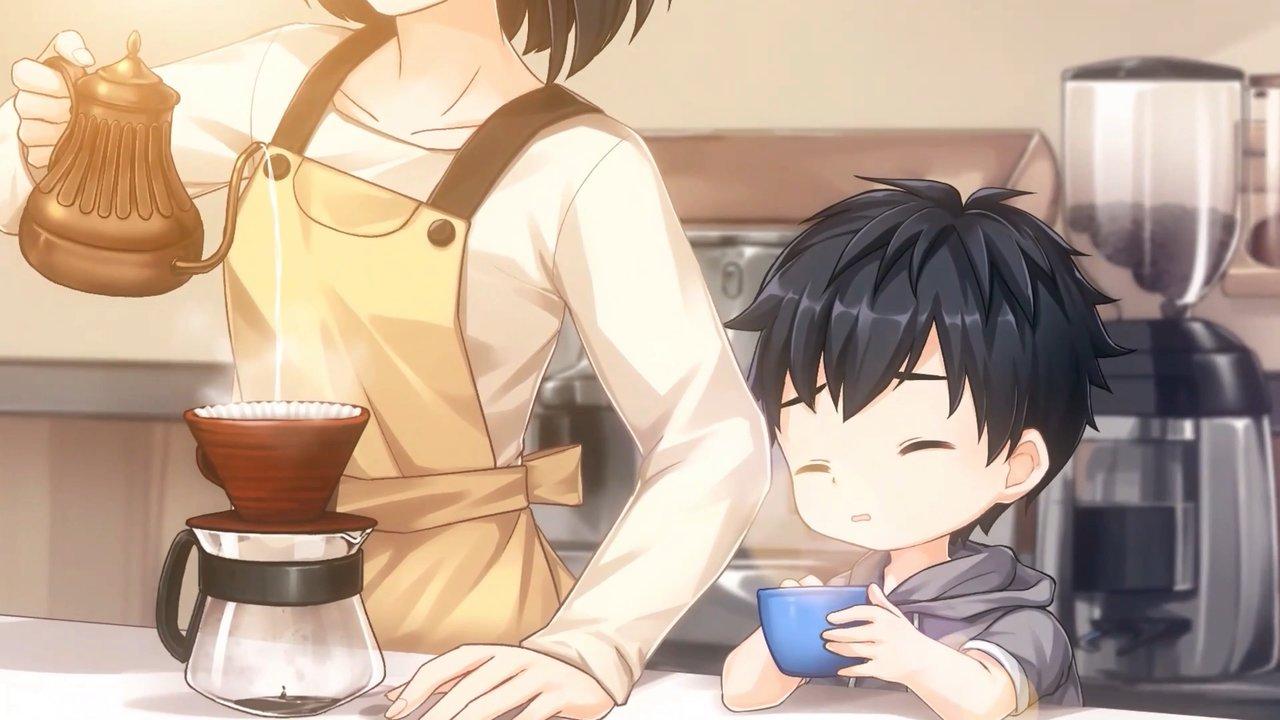 A screenshot from Sunny Café. A young boy with black hair is holding a blue cup, while an adult to the left of him is brewing coffee.
