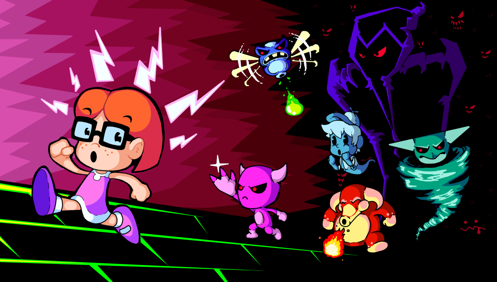 The key art for Sunshine Manor, done in a cartoon style. A red-headed girl with glasses is running from six demons and ghosts, with more eyes gleaming red in the background.