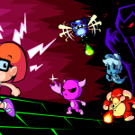 The key art for Sunshine Manor, done in a cartoon style. A red-headed girl with glasses is running from six demons and ghosts, with more eyes gleaming red in the background.