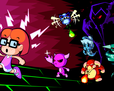The key art for Sunshine Manor, done in a cartoon style. A red-headed girl with glasses is running from six demons and ghosts, with more eyes gleaming red in the background.