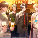 A screenshot from Sympathy Kiss. Five men and one woman stand at a bar, each with a different drink in hand.
