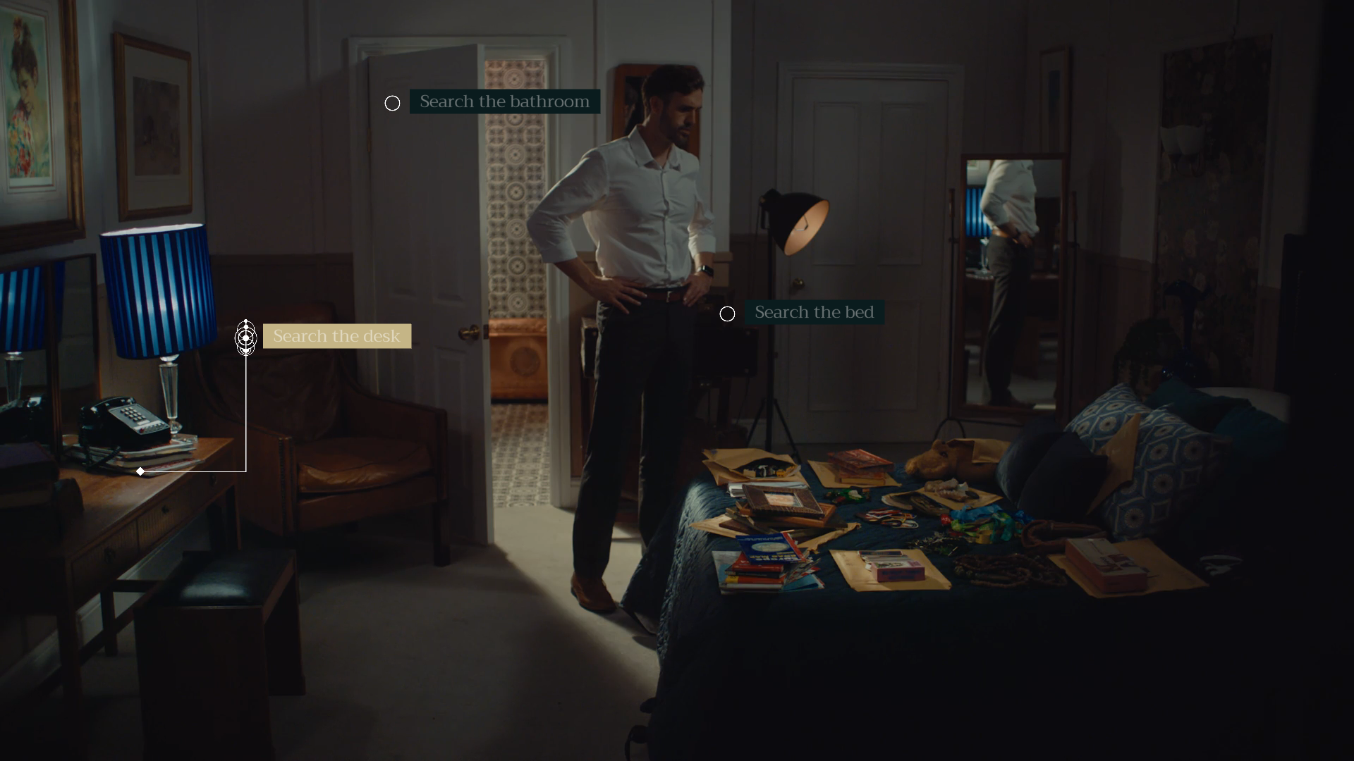 A screenshot from The Isle Tide Hotel. A man wearing a white dress shirt and black slacks is standing in a hotel room with three options: search the desk, search the bathroom, and search the bed.
