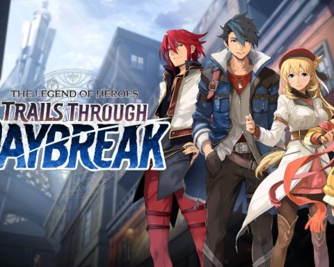 The key art for The Legend of Heroes: Trails Through Daybreak. On the left is the game's logo. On the right are four characters: a man with red hair, a man with somewhat spiky blue-black hair, a girl with long blonde hair and a red hat, and a girl with short purple hair and a yellow headband.