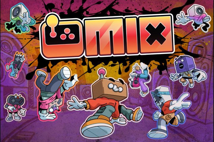 A graphic for The MIX, featuring a logo and people with consoles for heads.