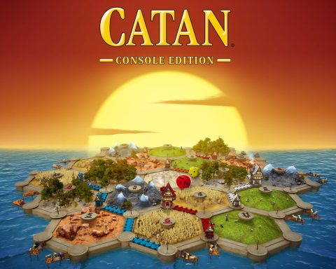 The key art for Catan – Console Edition. The sun rises over a gameboard made up of different hexes.