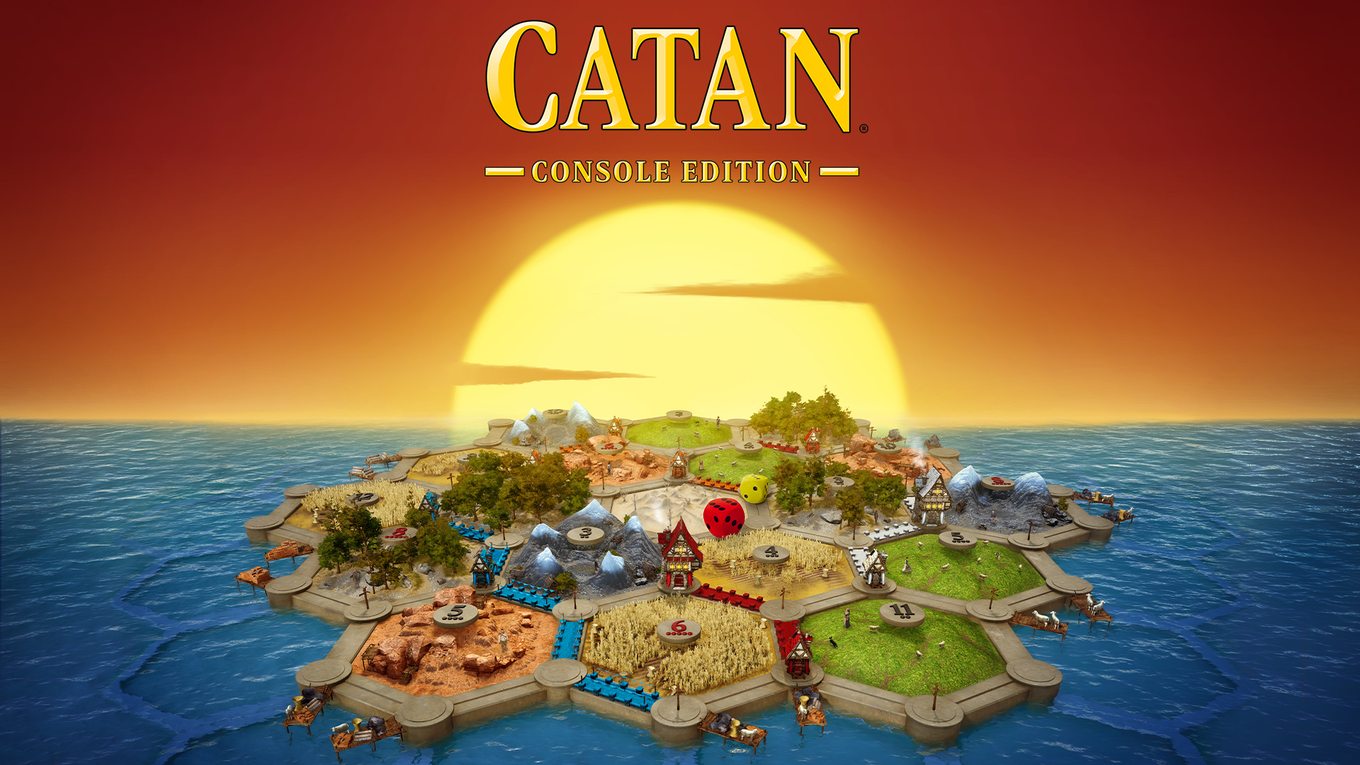 The key art for Catan – Console Edition. The sun rises over a gameboard made up of different hexes.