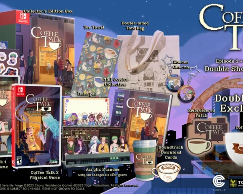 A product image of the Collector's Edition of both Coffee Talk games, for Nintendo Switch. It includes a physical copy of each game (so separate discs/carts), an exclusive embroidered patch, and exclusive coffee mug, an acrylic standee with six changeable customers, a double-sided tote, a mini comics collection, a highly stylised tea towel, two wooden charms featuring Freya and Riona, a memo pad featuring characters from the game, a nine-sticker sheet plus an 11-sticker sheet, two coffee cup-themed soundtrack download cards (one for each game), and a Collector's Edition box.