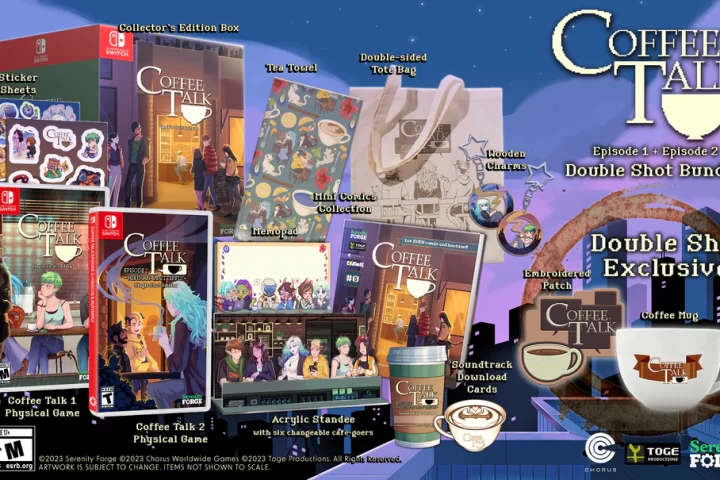 A product image of the Collector's Edition of both Coffee Talk games, for Nintendo Switch. It includes a physical copy of each game (so separate discs/carts), an exclusive embroidered patch, and exclusive coffee mug, an acrylic standee with six changeable customers, a double-sided tote, a mini comics collection, a highly stylised tea towel, two wooden charms featuring Freya and Riona, a memo pad featuring characters from the game, a nine-sticker sheet plus an 11-sticker sheet, two coffee cup-themed soundtrack download cards (one for each game), and a Collector's Edition box.