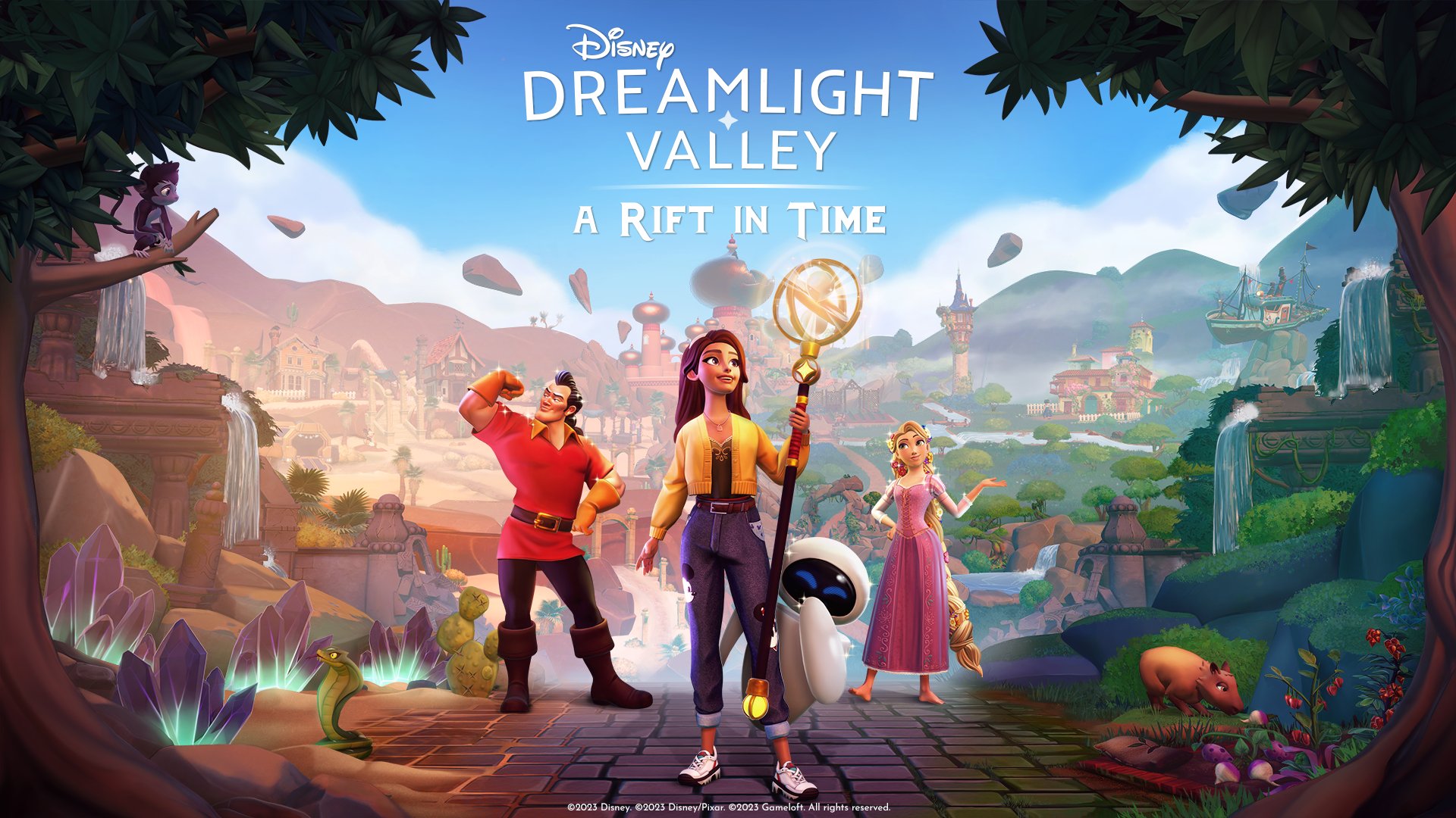 The key art for A Rift in Time, DLC for Disney Dreamlight Valley. At the centre stands a woman with long brown hair and a yellow jacket holding s sceptar. Gaston is to the left, Rupunzel is to the right, and Wall-E is peeking out from behind the woman in yellow.