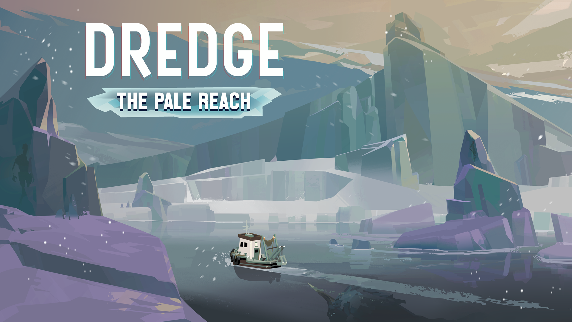 The key art for Dredge: The Pale Reach. It features a small fishing boat in an ice-blue area of water and cliffs.