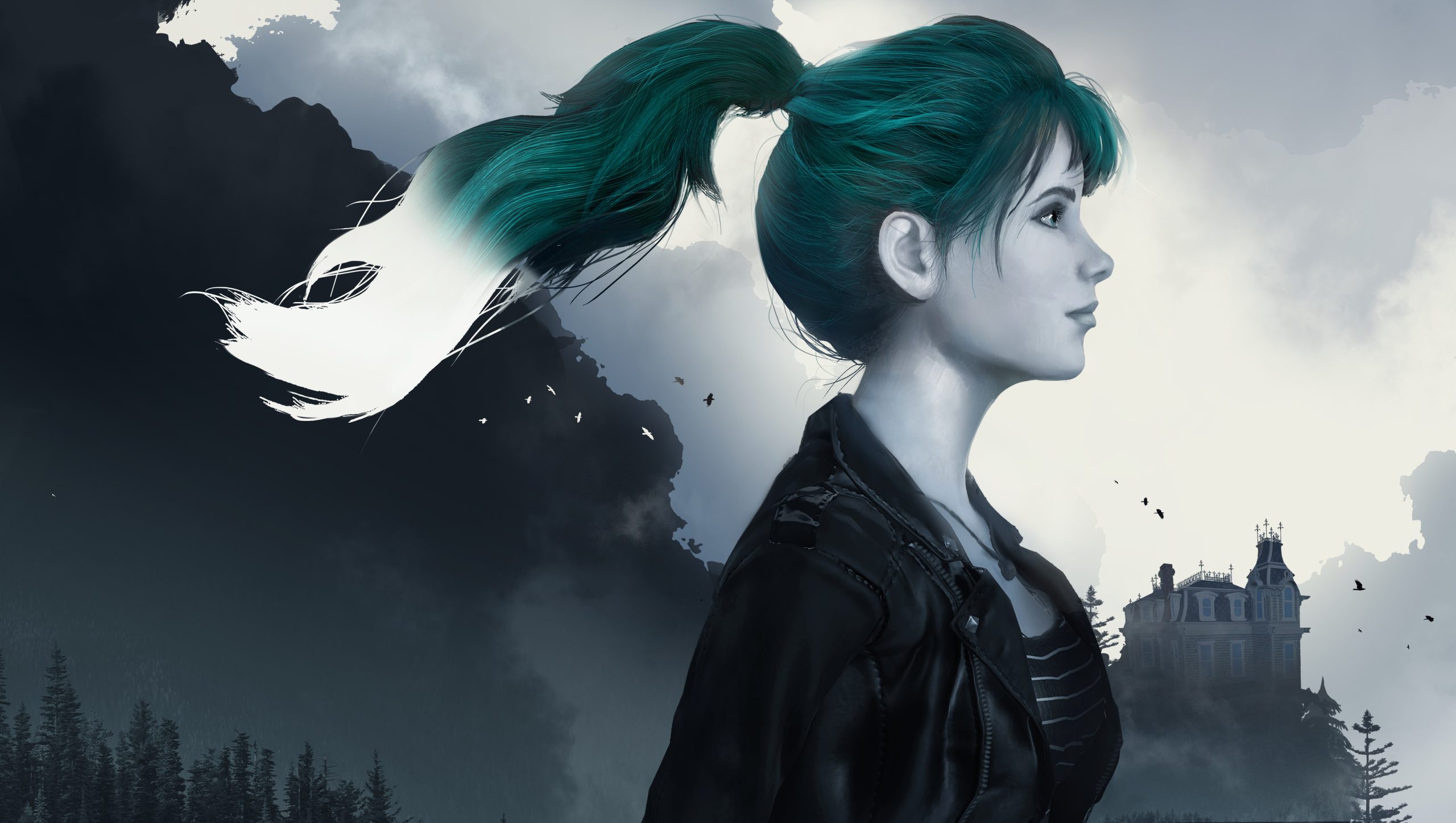 The key art for Forest Grove. It shows the profile of a teenage girl with a long, high ponytail. A Victorian mansion sits in the background.