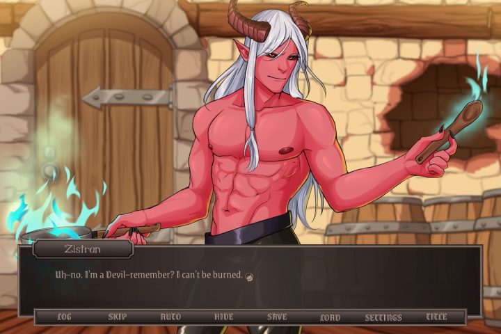 A screenshot from Ikkarus and the Prince of Sin. Zistran, a red man with devil horns, says "I'm a devil, remember? I can't be burned."