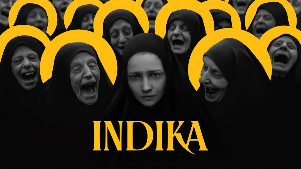 The key art for Indica. A nun with a serious face stands front and center. Those to either side and those behind her are laughing at her.