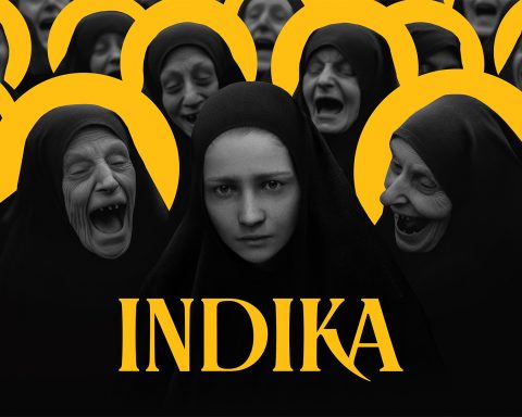 The key art for Indica. A nun with a serious face stands front and center. Those to either side and those behind her are laughing at her.