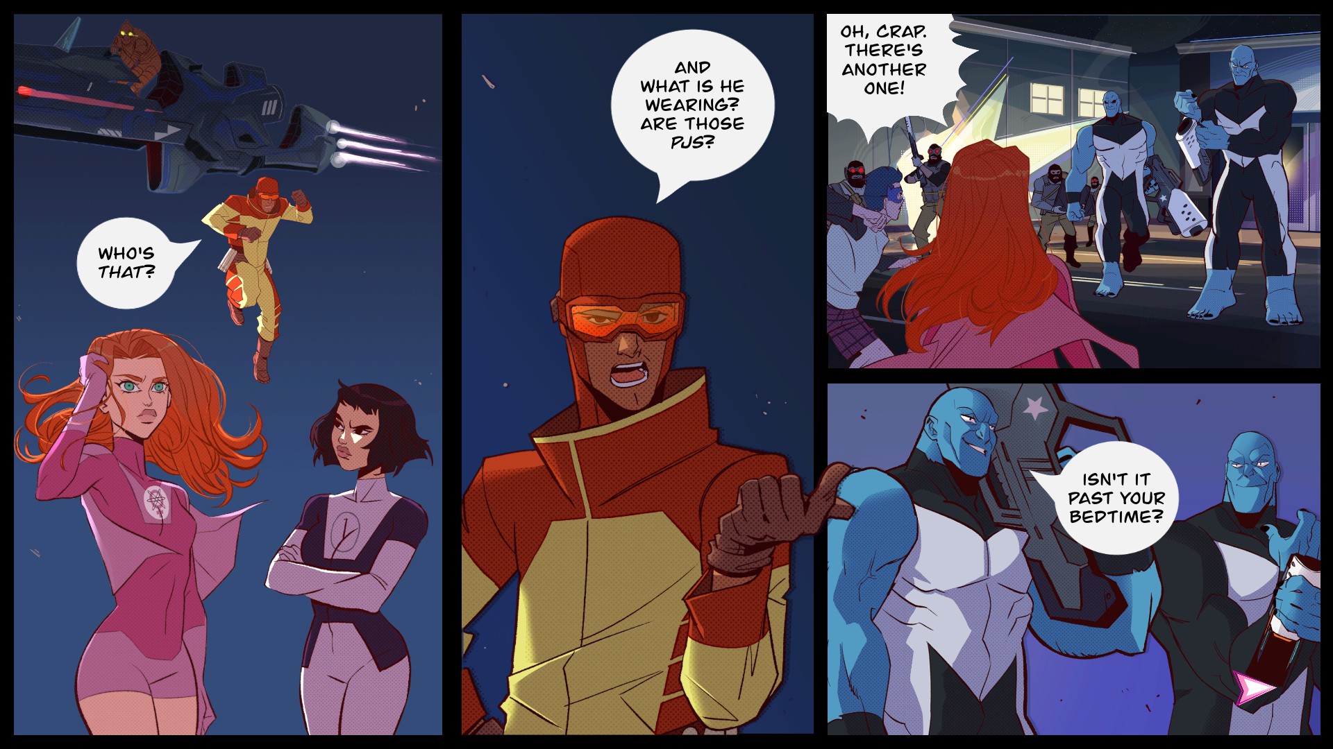 A screenshot from Invincible Presents: Atom Eve. It's presented in a comic book style. In the first two panels, a man wearing a yellow and red uniform says "Who is that? And what is he wearing? Are those PJs?" He is standing with two women, one in a pink uniform and the other in purple. The next panel shows two blue, buff villains and four others wearing masks; the man says "Oh crap. There's another one." The final panel has one of the blue guys saying "Isn't it past your bedtime?