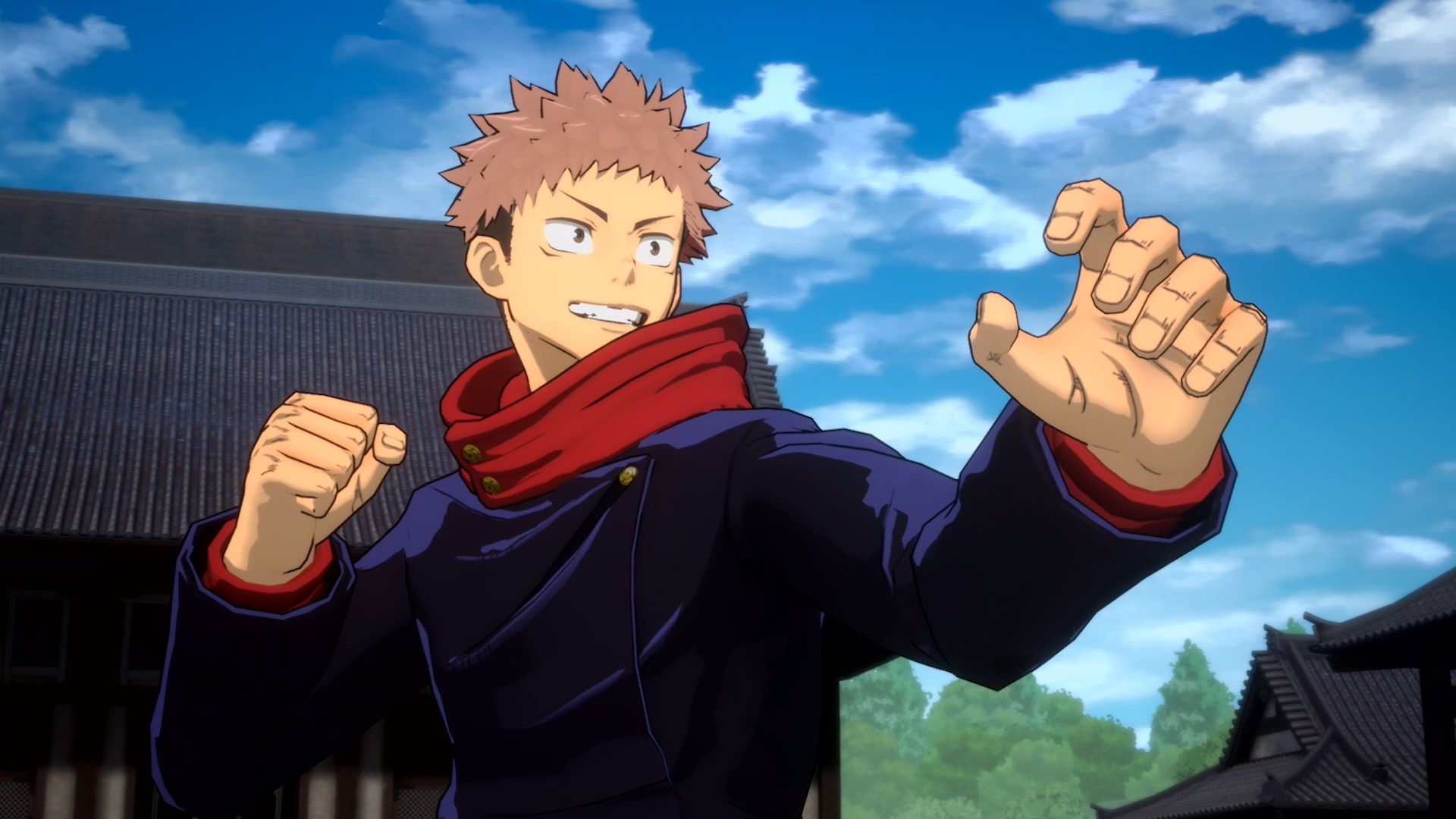 A screenshot of Yuri in Jujutsu Kaisen Cursed Clash. He is sandy-haired, and wears a red scarf and dark blue jacket. One hand is pulled back and in a fist, and the other is in front of him, as though he's preparing to fight.