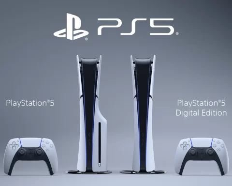 A look at the new PS5 consoles. There is a DualSense controller, the disc version of the console, the digital version of the console, and another DualSense controller.