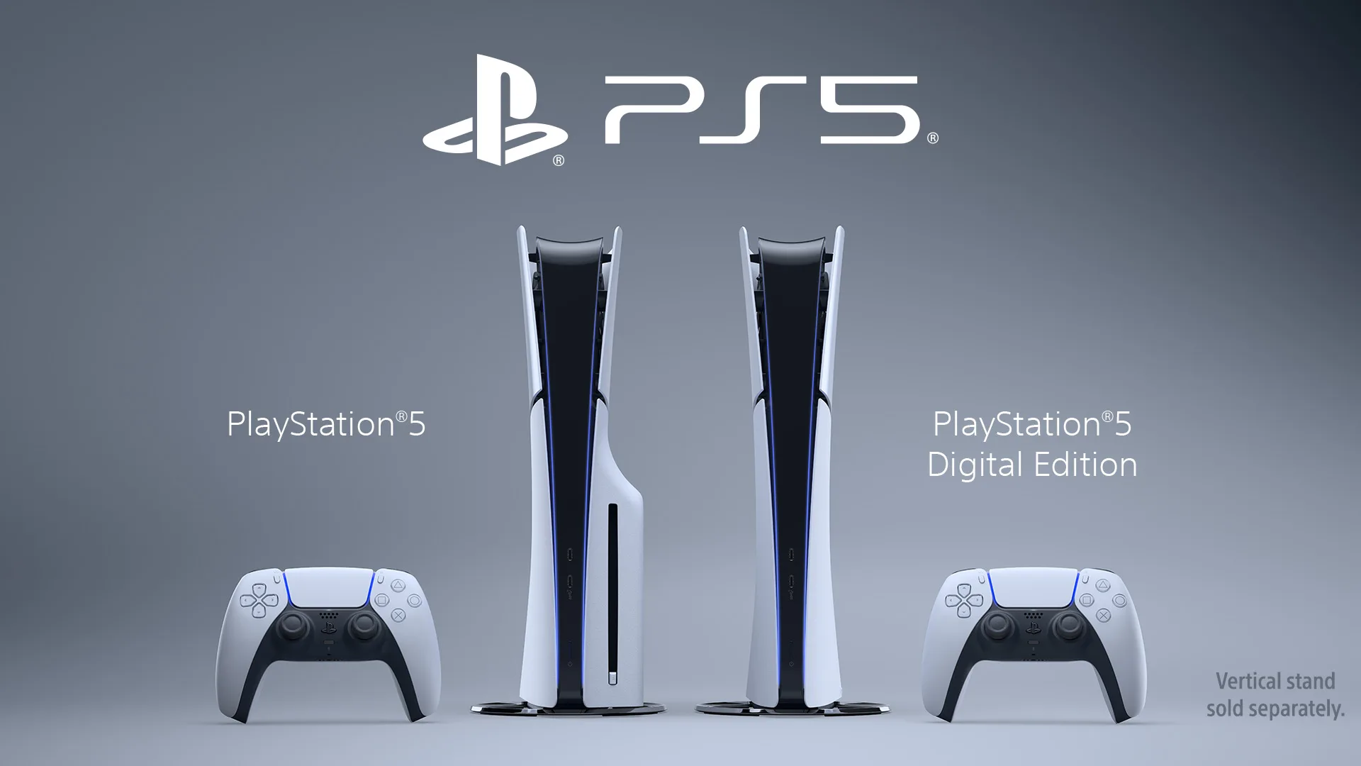 A look at the new PS5 consoles. There is a DualSense controller, the disc version of the console, the digital version of the console, and another DualSense controller.
