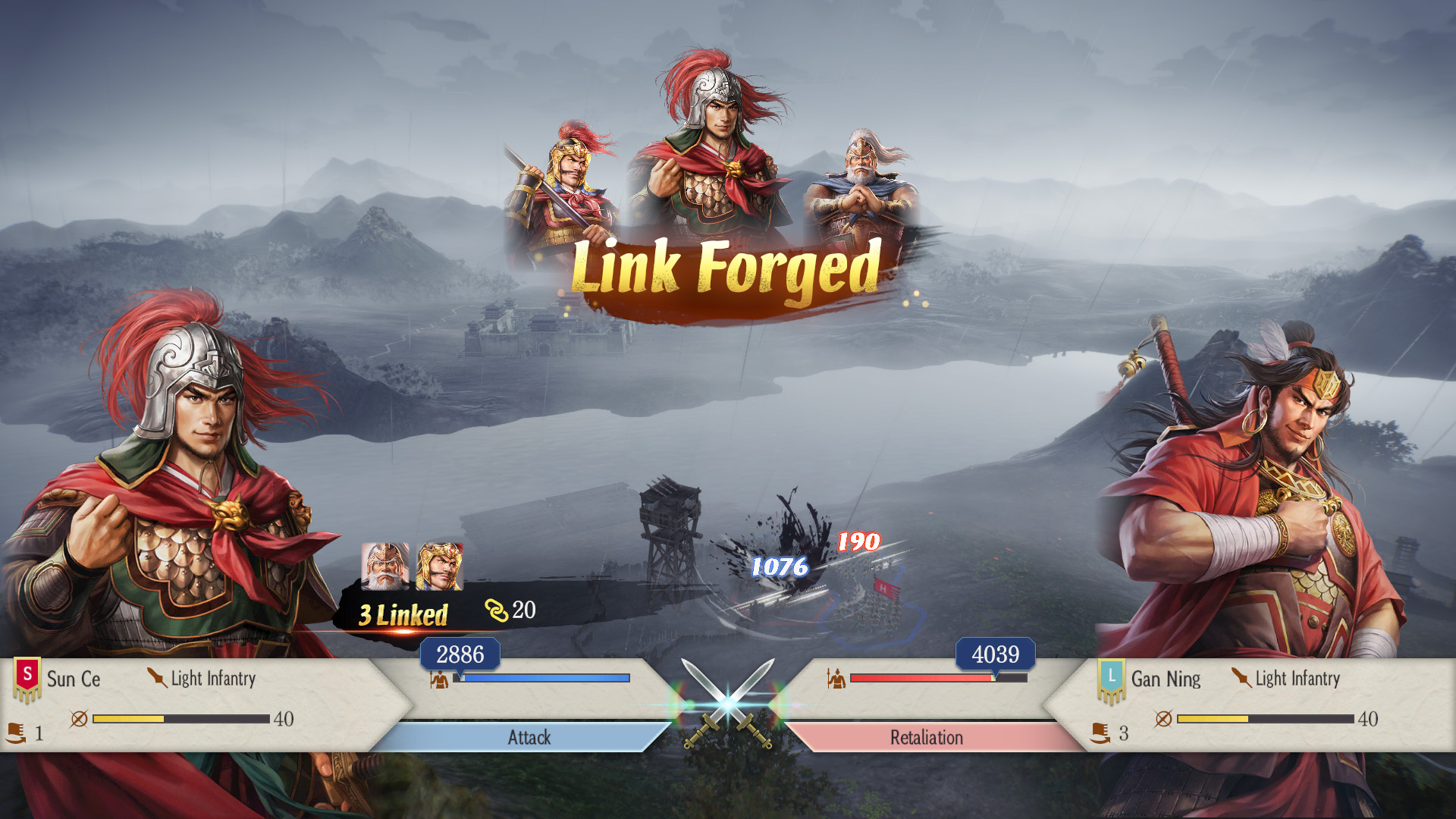 A screenshot from Romance of the Three Kingdoms 8 Remake. Sun Ce and Gan Ning are on the screen alongside the words Link Forged.