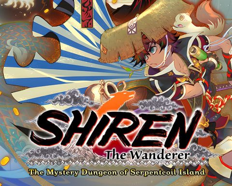 The key art for Shiren the Wanderer: The Mystery Dungeon of Serpentcoil Island. It features the game's logo, Shiren, and his white ferret.