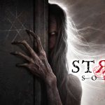 The key art for Stray Souls. A creepy, naked old woman peers out from behind a wall. Her fingers are claw-like, her eyes are white, and her silver hair is stringy.