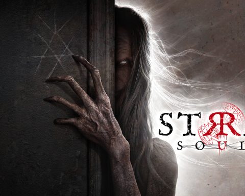 The key art for Stray Souls. A creepy, naked old woman peers out from behind a wall. Her fingers are claw-like, her eyes are white, and her silver hair is stringy.